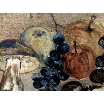 ANTICO QUADRO OLIO Vittorio Rosa NATURA MORTA FRUTTA FUNGHI CASTAGNE AUTUNNO 900