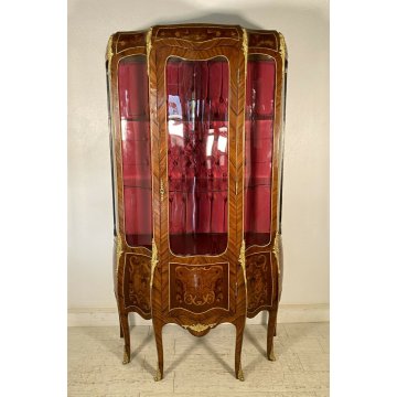 ANTICA VETRINA LEGNO OTTONE INTARSIATA IMPIALLACCIATA VETRI BOMBATI 2 RIPIANI 