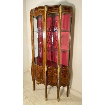 ANTICA VETRINA LEGNO OTTONE INTARSIATA IMPIALLACCIATA VETRI BOMBATI 2 RIPIANI 