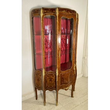 ANTICA VETRINA LEGNO OTTONE INTARSIATA IMPIALLACCIATA VETRI BOMBATI 2 RIPIANI 