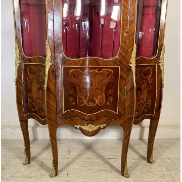 ANTICA VETRINA LEGNO OTTONE INTARSIATA IMPIALLACCIATA VETRI BOMBATI 2 RIPIANI 