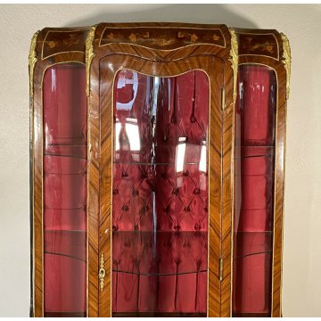 ANTICA VETRINA LEGNO OTTONE INTARSIATA IMPIALLACCIATA VETRI BOMBATI 2 RIPIANI 