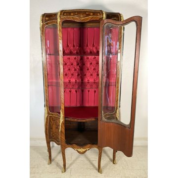 ANTICA VETRINA LEGNO OTTONE INTARSIATA IMPIALLACCIATA VETRI BOMBATI 2 RIPIANI 