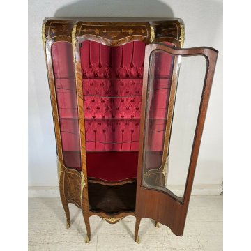 ANTICA VETRINA LEGNO OTTONE INTARSIATA IMPIALLACCIATA VETRI BOMBATI 2 RIPIANI 