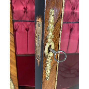 ANTICA VETRINA LEGNO OTTONE INTARSIATA IMPIALLACCIATA VETRI BOMBATI 2 RIPIANI 