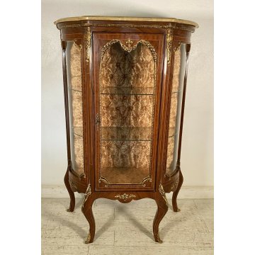 ANTICA VETRINA LEGNO MASSELLO OTTONE MARMO INTARSIATA VETRI BOMBATI 2 RIPIANI 