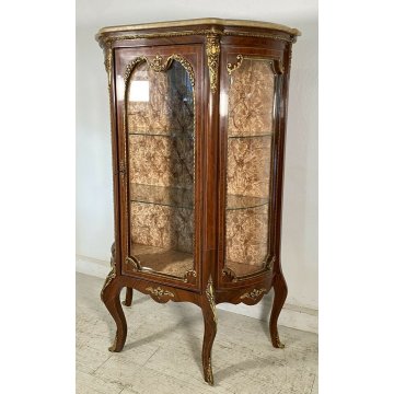 ANTICA VETRINA LEGNO MASSELLO OTTONE MARMO INTARSIATA VETRI BOMBATI 2 RIPIANI 