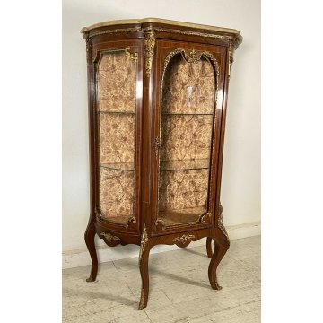 ANTICA VETRINA LEGNO MASSELLO OTTONE MARMO INTARSIATA VETRI BOMBATI 2 RIPIANI 