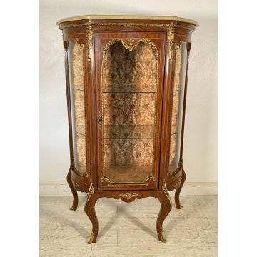 ANTICA VETRINA LEGNO MASSELLO OTTONE MARMO INTARSIATA VETRI BOMBATI 2 RIPIANI 