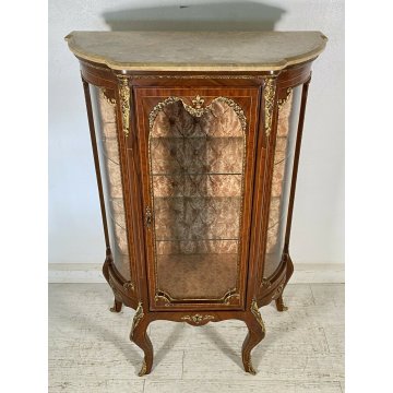 ANTICA VETRINA LEGNO MASSELLO OTTONE MARMO INTARSIATA VETRI BOMBATI 2 RIPIANI 