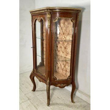 ANTICA VETRINA LEGNO MASSELLO OTTONE MARMO INTARSIATA VETRI BOMBATI 2 RIPIANI 