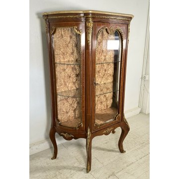 ANTICA VETRINA LEGNO MASSELLO OTTONE MARMO INTARSIATA VETRI BOMBATI 2 RIPIANI 