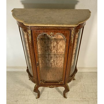 ANTICA VETRINA LEGNO MASSELLO OTTONE MARMO INTARSIATA VETRI BOMBATI 2 RIPIANI 