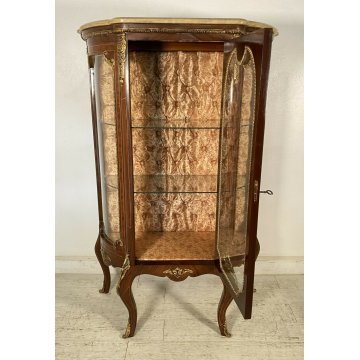 ANTICA VETRINA LEGNO MASSELLO OTTONE MARMO INTARSIATA VETRI BOMBATI 2 RIPIANI 