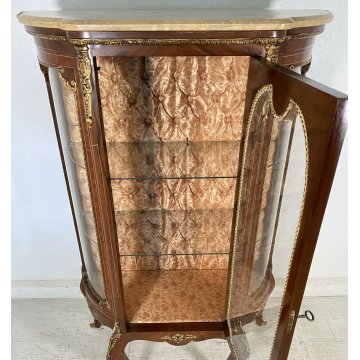 ANTICA VETRINA LEGNO MASSELLO OTTONE MARMO INTARSIATA VETRI BOMBATI 2 RIPIANI 