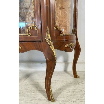 ANTICA VETRINA LEGNO MASSELLO OTTONE MARMO INTARSIATA VETRI BOMBATI 2 RIPIANI 