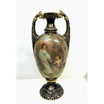 VASO BIANSATO PORCELLANA BLU COBALTO ORO Vienna DECORO SCENA ROMANTICA LIBERTY