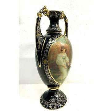VASO BIANSATO PORCELLANA BLU COBALTO ORO Vienna DECORO SCENA ROMANTICA LIBERTY