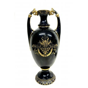 VASO BIANSATO PORCELLANA BLU COBALTO ORO Vienna DECORO SCENA ROMANTICA LIBERTY