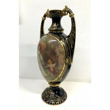 VASO BIANSATO PORCELLANA BLU COBALTO ORO Vienna DECORO SCENA ROMANTICA LIBERTY