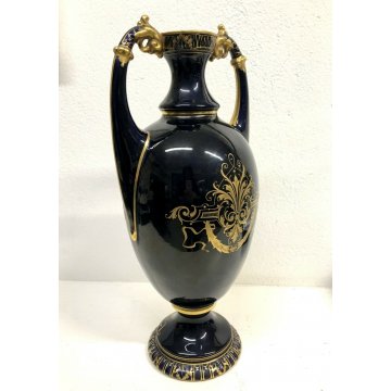 VASO BIANSATO PORCELLANA BLU COBALTO ORO Vienna DECORO SCENA ROMANTICA LIBERTY
