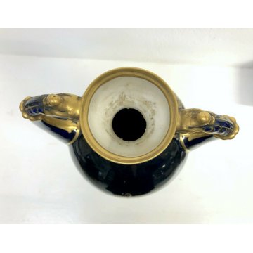 VASO BIANSATO PORCELLANA BLU COBALTO ORO Vienna DECORO SCENA ROMANTICA LIBERTY