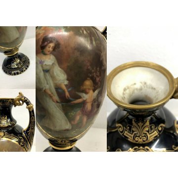 VASO BIANSATO PORCELLANA BLU COBALTO ORO Vienna DECORO SCENA ROMANTICA LIBERTY