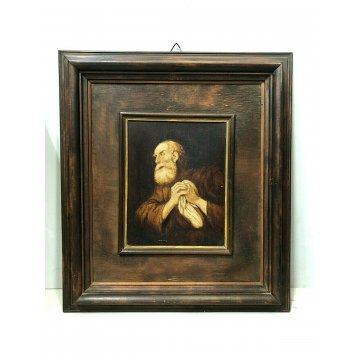 ANTICO PICCOLO QUADRO DIPINTO OLIO TELA MONOCROMATICO RITRATTO SANTO PREGHIERA 