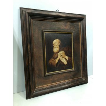 ANTICO PICCOLO QUADRO DIPINTO OLIO TELA MONOCROMATICO RITRATTO SANTO PREGHIERA 