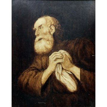 ANTICO PICCOLO QUADRO DIPINTO OLIO TELA MONOCROMATICO RITRATTO SANTO PREGHIERA 