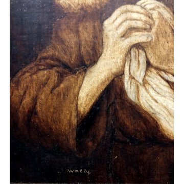 ANTICO PICCOLO QUADRO DIPINTO OLIO TELA MONOCROMATICO RITRATTO SANTO PREGHIERA 