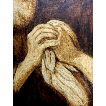 ANTICO PICCOLO QUADRO DIPINTO OLIO TELA MONOCROMATICO RITRATTO SANTO PREGHIERA 