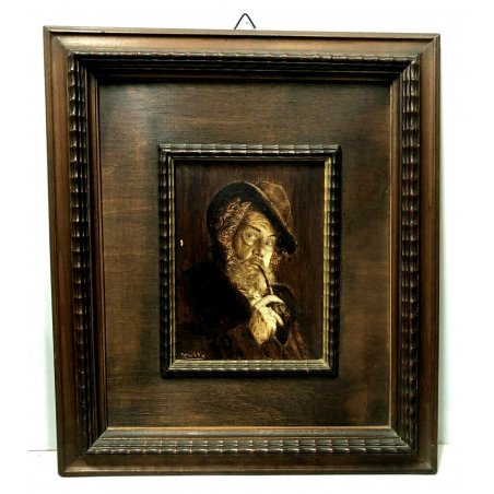 ANTICO QUADRO OLIO Wally RITRATTO MONOCROMATICO UOMO PIPA CAPPELLO BARBA EPOCA