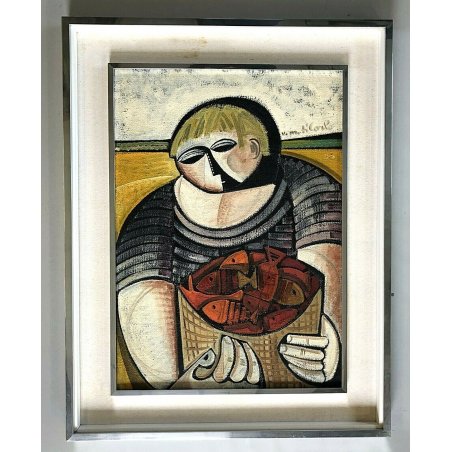 QUADRO DIPINTO RITRATTO ASTRATTO OLIO Vittorio Maria Di Carlo "Il Pescatore" '70