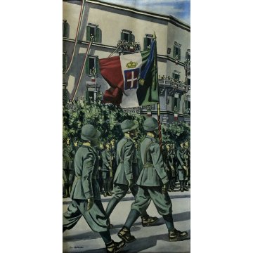 ANTICO QUADRO OLIO TELA La Tridentina BRIGATA ALPINA ESERCITO SOLDATI MILITARI  