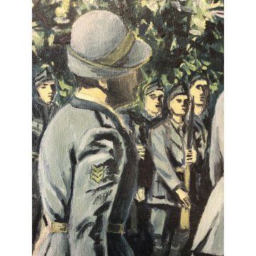 ANTICO QUADRO OLIO TELA La Tridentina BRIGATA ALPINA ESERCITO SOLDATI MILITARI  