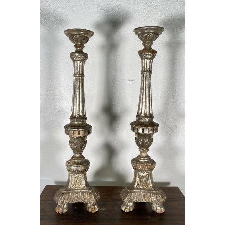 ANTICO COPPIA CANDELIERE ALTARE TORCERE 1 LUME LEGNO FOGLIA ARGENTO XVIII sec.