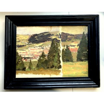 ANTICO PICCOLO QUADRO OLIO CARTONE COMPOSIZIONE PAESAGGIO POST IMPRESSIONISTA 