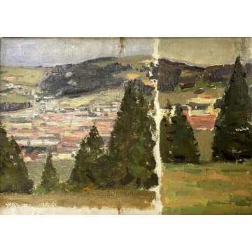 ANTICO PICCOLO QUADRO OLIO CARTONE COMPOSIZIONE PAESAGGIO POST IMPRESSIONISTA 