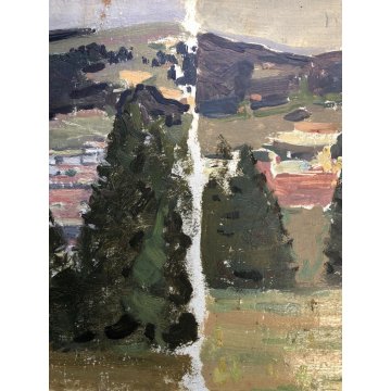 ANTICO PICCOLO QUADRO OLIO CARTONE COMPOSIZIONE PAESAGGIO POST IMPRESSIONISTA 
