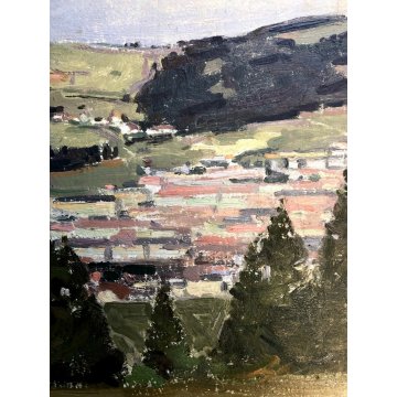 ANTICO PICCOLO QUADRO OLIO CARTONE COMPOSIZIONE PAESAGGIO POST IMPRESSIONISTA 