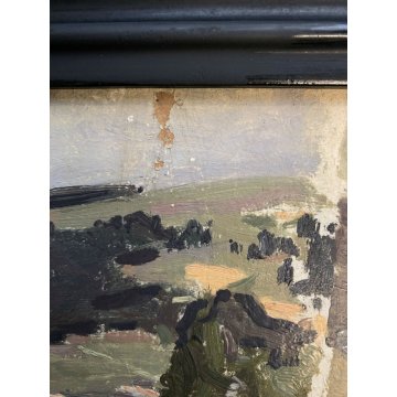ANTICO PICCOLO QUADRO OLIO CARTONE COMPOSIZIONE PAESAGGIO POST IMPRESSIONISTA 