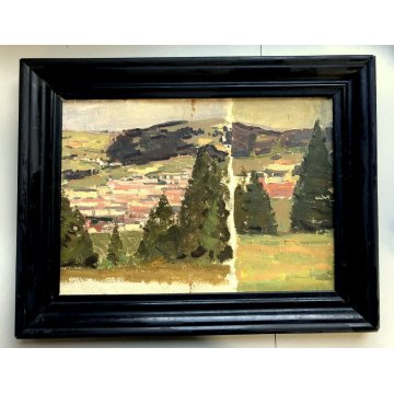 ANTICO PICCOLO QUADRO OLIO CARTONE COMPOSIZIONE PAESAGGIO POST IMPRESSIONISTA 