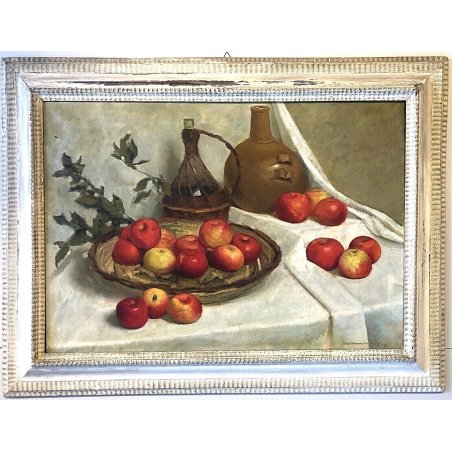 GRANDE QUADRO OLIO NATURA MORTA FRUTTA MELE FIASCO ALLORO CORNICE GUILLOCHE '900