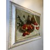 GRANDE QUADRO OLIO NATURA MORTA FRUTTA MELE FIASCO ALLORO CORNICE GUILLOCHE '900