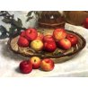GRANDE QUADRO OLIO NATURA MORTA FRUTTA MELE FIASCO ALLORO CORNICE GUILLOCHE '900
