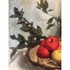 GRANDE QUADRO OLIO NATURA MORTA FRUTTA MELE FIASCO ALLORO CORNICE GUILLOCHE '900