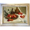 GRANDE QUADRO OLIO NATURA MORTA FRUTTA MELE FIASCO ALLORO CORNICE GUILLOCHE '900