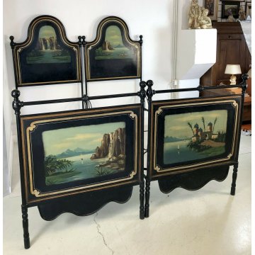 ANTICO LETTO FERRO 1800 2 SINGOLI MATRIMONIALE DIPINTO PAESAGGIOOLD WOOD BED