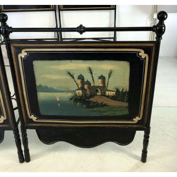 ANTICO LETTO FERRO 1800 2 SINGOLI MATRIMONIALE DIPINTO PAESAGGIOOLD WOOD BED